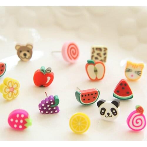 144pcs/ 72pairs Girls Children Lovely Food fruits kawaii anime Earrings Handmade Polymer Clay Stud Earrings w/ Gift box
