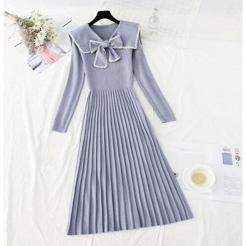 Chic Women Long Knitted Dress 2021New Autumn Winter Sweet Doll Collar Pleated Sweater Dress Elegant A Line Slim Party Vestidos