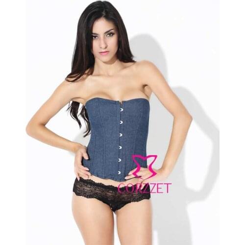Blue Denim Steel Buckle Plastic Bone Jean Fabric Overbust Sexy Corset&Thong Women Vintage Victorian Strapless Corsets Lingerie