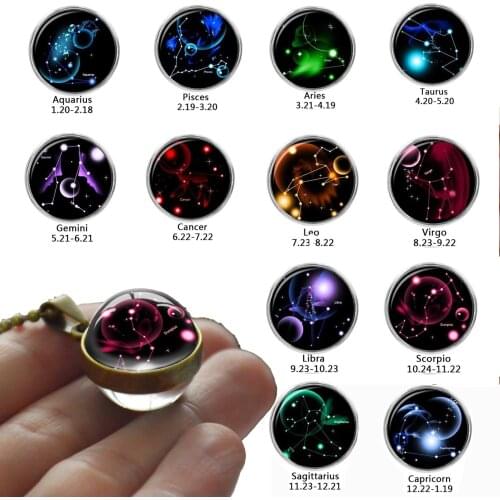 New Fashion 12 Constellation Personality Glass Cabochon Double Sided Pendant Necklace Fashion Jewelry Best Gift For Men Women