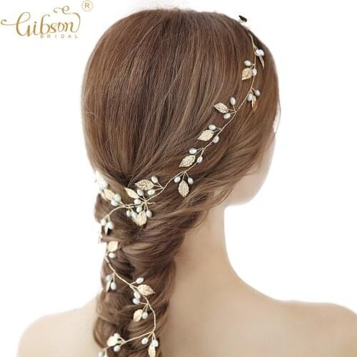 Wedding Headbands Gold Leaf Charm Extra Long Hair Vine Women Girl Pearls Jewelry Headpiece Bridal Hair Accessories