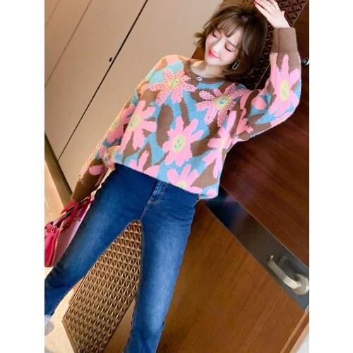 Thread round neck loose flower jacquard inlaid with diamond soft waxy knitted sweater new for women winter High Quality Fashion