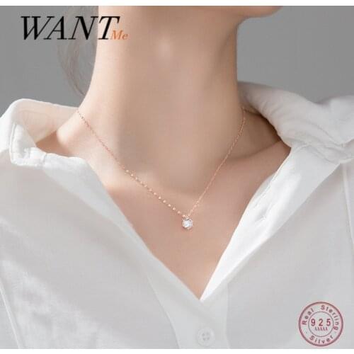 WANTME Genuine 925 Sterling Silver Minimalist Round Zircon Link Chain Clavicle Necklace for Women Chic Party Wedding Jewelry