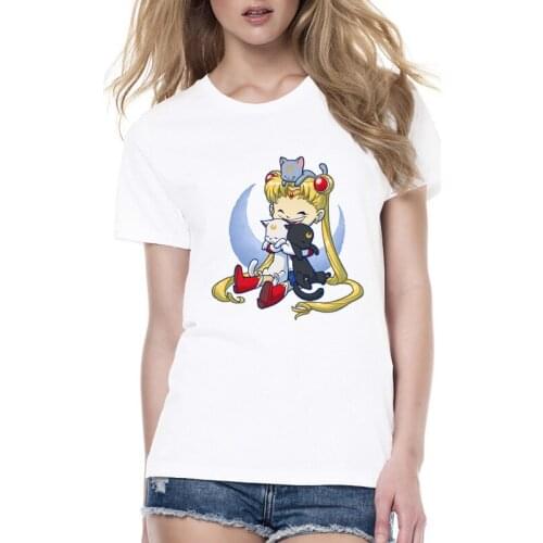 Women cute T shirt Summer Fashion Crazy Moon Printing Cat lady Short sleeve All-match O-neck White Casual Tee comfortable Tops