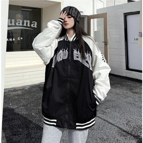 2021 Autumn New Women Bomber Jacket High Street Student Thin Baseball Jacket Loose Long Sleeve Coat For Couple
