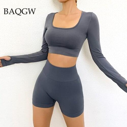 Women Two Piece Long Sleeve Crop Top T-Shirt Leggings Sportsuit Workout Outfit Clothes Summer Biker Shorts Skinny Matching Sets