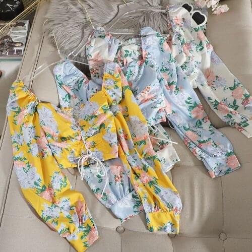 Women Retro Court Square Collar Stretch Slim Long Bubble Sleeve Short Crop Tops Lady Sweet Printed Blouse Shirts G1810