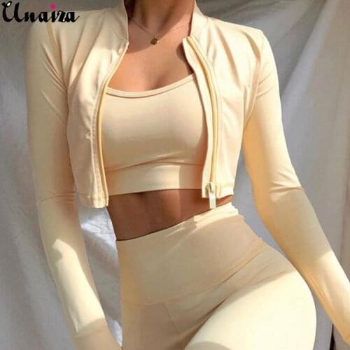 UNAIZA Women Suit Autumn And Winter New Fashion Casual Umbilical Exposed Zipper Cardigan Three-Piece Female Sports Fitness Suit