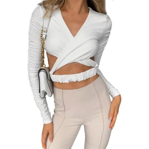 2021 Fashion Lady Sexy Cross Wrap Crop Top Solid/Print Hollow Out Backless Short Tops Women Long Sleeve V Neck Slim Fit T-Shirt