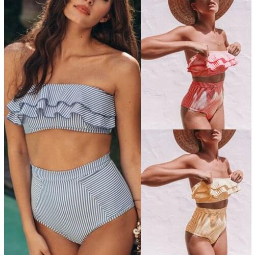 Womens Sexy Striped High Waist Bikini Ruffle Bandeau Swimsuit Summer Swimwear Female Bathing Suit Biquini Beachwear Biquini