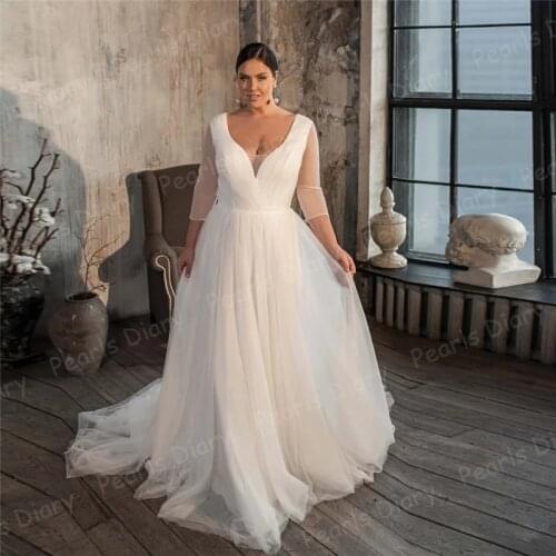 Plus Size Women Simple Tulle Wedding Dresses V Neck 3/4 Sleeves Pleats Bridal Gowns Robe De Mariee Appliqued Sashes Bride Dress