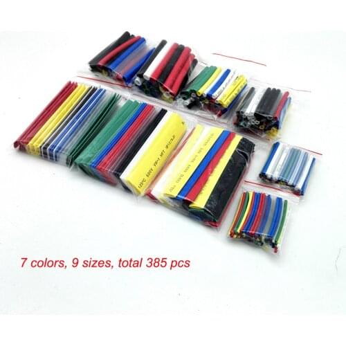 385pcs Cable Sleeve Heat Shrink Tubing 2:1 Polyolefin Shrink Assorted Wrap Wire Insulated Shrinkable Sleeves 7 colors, 9 sizes