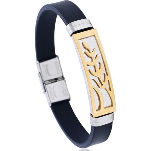 Fashion Black Woman Man Cuff Bracelet Stainless Steel Silicone Gold Wheat Charm Rubber Bangle Wrap Wristband Casual Punk Jewelry