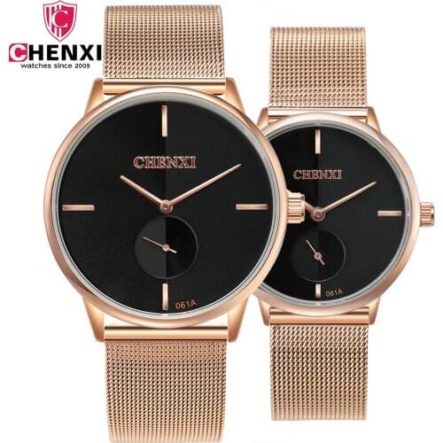CHENXI Quartz lovers Watches Women Men Couple Dress Watches Rose Gold Mesh band simple design waterproof Fashion Wristwatches