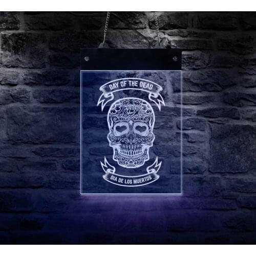 Day Of The Dead Floral Sugar Skull LED Lighted Wall Sign Dia de Muertos Home Decoration Man Cave Multi Colors Display Sign Board