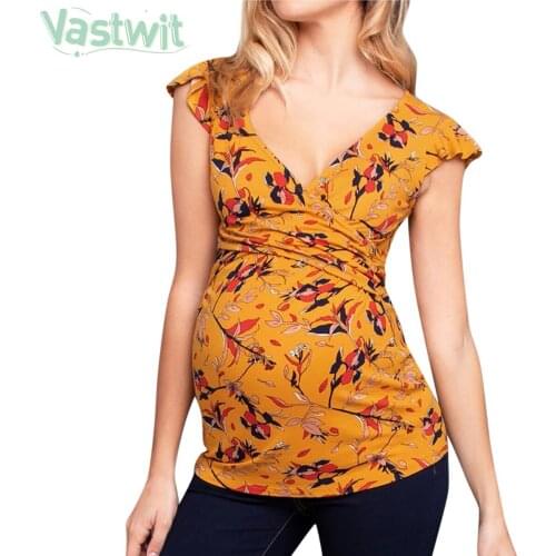 Pregnant Women Maternity Breastfeeding Tees Nursing Tops Floral Blouse Flying Sleeve V-Neck Soft Slim T-shirt Pregnancy Clothing