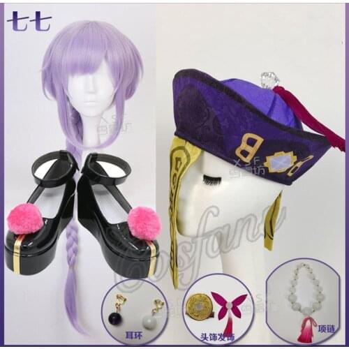 Genshin Impact Cosplay Qiqi Women Long Light Purple Wig Cosplay Anime Qiqi Cosplay Shoes Boots Halloween Carnival Accessories