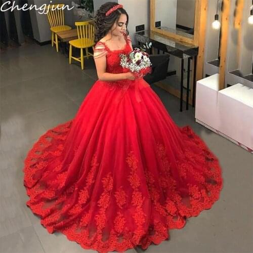 Chengjun Tailored Sleeveless Vintage Lace Applique Red Ball Gown Wedding Dress
