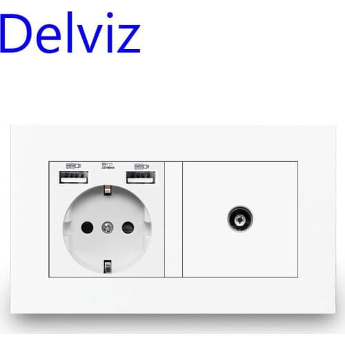 Delviz TV Wall Socket Cable Interface, Home decoration 16A Grounded With Female TV Jack,146mm*86mm, EU Standard USB Power Socket