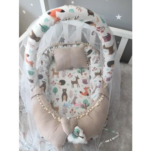Jaju Baby Special Handmade Waffle Piqué Fabric Muslin Fabric Pompon Babynest Toy Apparatus and Tulle Set