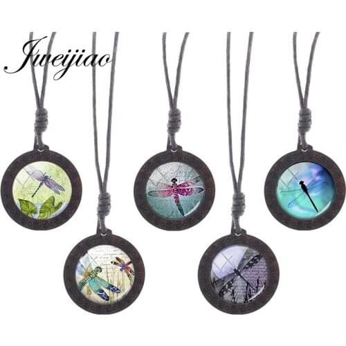 JWEIJIAO Colour Dragonfly Insect Art Glass Cabochon Pattern Necklace Wooden Pendant Classic Brand Jewelry Animal Lovers C610