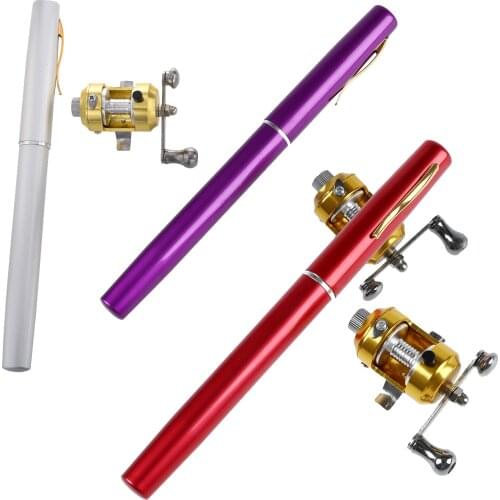 MINI POCKET PEN FISHING ROD POLE WITH GOLDEN BAITCASTING REEL SET-red