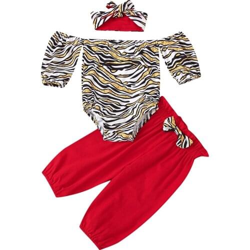 Citgeett Summer Infant Baby Girls Suit Set Striped Red Off Shoulder Romper+ Long Pants+ Headband Set Clothes