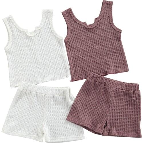 Citgeett Summer Kids Baby Girls Boys Casual Outfits Solid Pattern U-shaped Neck Top + Shorts Clothes Set