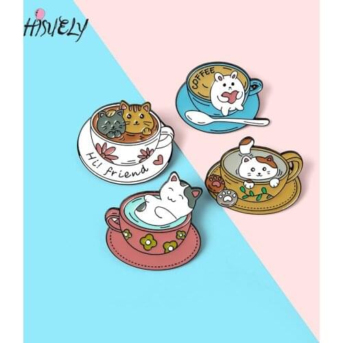 Fashion cartoon cat coffee cup brooch cute animal enamel pin bag clothes lapel badge jewelry gift for children and friends