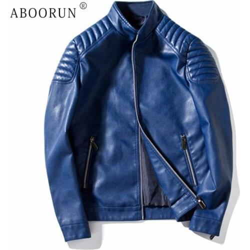 ABOORUN Mens Motorcycle Leather Jackets High Quality Solid Pleated PU Leather Jackets Spring Autumn Coat for Male P6028