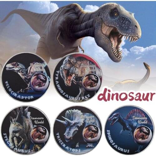 5pcs Dinosaur Silver Coins Collectibles with Coin Case Metal Challenge Coins Souvenir Coin Set Gift