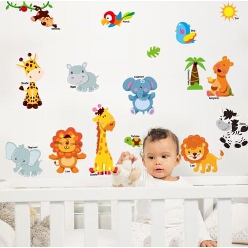 DIY Cartoon Animals English Name Wall Stickers for Kids Room Nursery Bedroom Wardrobe Furniture Decoration Decals Self Adhesive