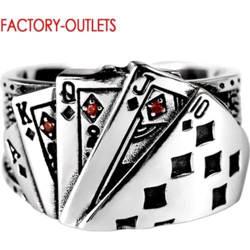 Genuine 925 Sterling Silver Straight Flush Playing Card Pattern Finger Rings For Women Adjustable Size Sterling Silver Jewelry