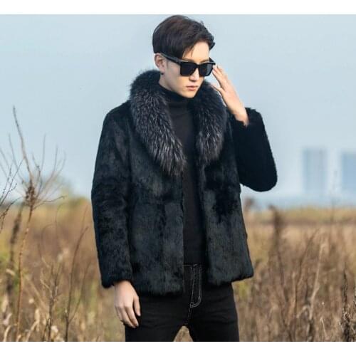 Real genunie natural rabbit fur coat with raccoon fur collar men fashion jacket warm winter custom any size