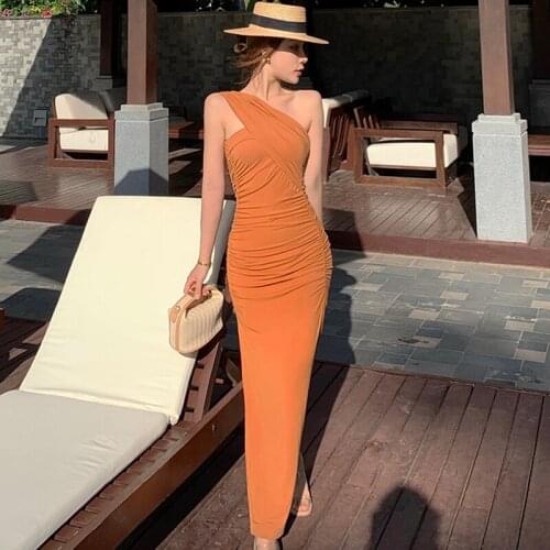 New Arrival Fashion Summer vacation clothes Long Party Dress Women Elegant Beach Sexy Strapless Folds High Split Bodycon Dress