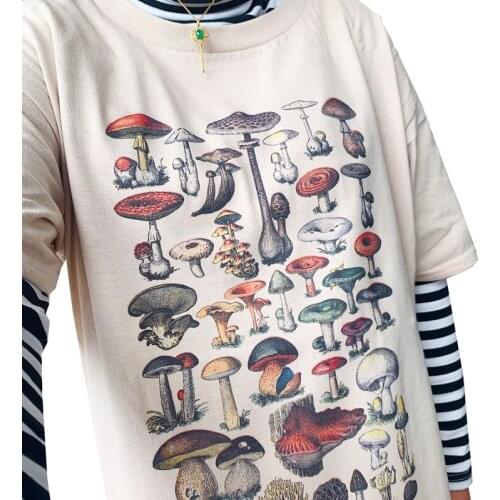 Mushroom Chart Design Lonely Summer Short Sleeve Letter Fashion Large Size Loose Fun Ins Ulzzang Vintage Tees Fun Female Tee