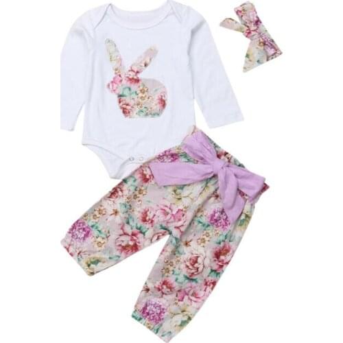 Autumn Princess Baby Girl 0-18M Sweet Rabbit pattern Long Sleeve Tops Romper+Bow Floral Long Pants+Headband Outfits Set Clothes