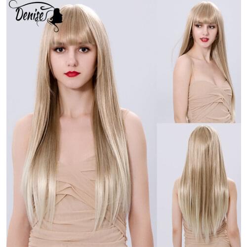 Blonde Straight Long Daily Hair Synthetic Wigs With Bangs For White Women Cosplay Party Nutural Heat Resistant Fiber Female Wig