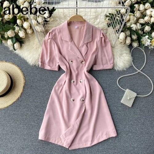 Women Korean Pleated Dress Notched Button Sashes Office Dresses Summer Fashion Streetwear A-line Short Dress
