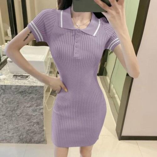 Dress Women Knitwear Stretchy Lapel Skinny Korean Style Tight Summer Dresses Trend Elegant Female Mini Sexy Short Sleeve Leisure