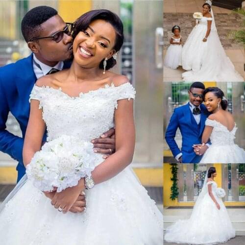 African Wedding Dresses Plus Size Off Shoulder Lace Appliques Sweep Wedding Dress Zipper Back Tulle Custom Made Bridal Gown