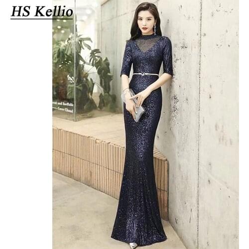 Evening-Gown For Women Navy Blue Formal Dresses Evening-Dress Sequined 2020