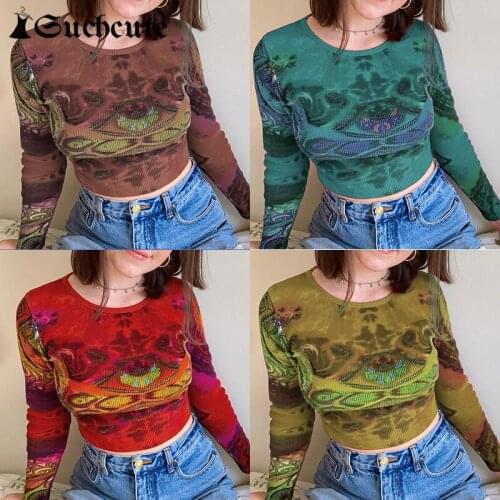 SUCHCUTE Vintage Printing Women T-Shirts Harajuku Skinny Long Sleeve Retro Aesthetic Y2K Crop Tops Kawaii Tee Shirt Grunge 2021