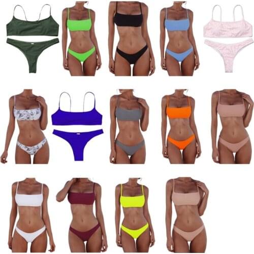 Women Sexy Push Up Bra Low Waist Thongs Solid Color Bikini Set Triangle Swimsuit