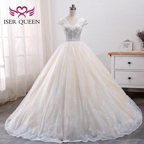 V neck Heavy Beading Europe Fashion Wedding Dress Short Sleeve V neck Embroidery Arab Wedding Gown Robe De Mariee WX0003