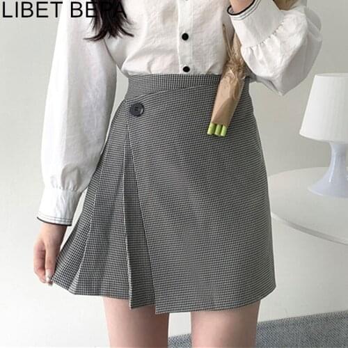 2021 New Spring Autumn Women Skirts High Elastic Waist Casual Irregular Tweed Buttons Pleated Plaid Female Mini Skirts SK6123