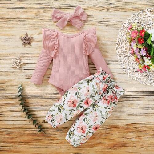 0-18M Infant Newborn Cute Baby Girls Romper Spring Autumn Outfits Ruffle Long Sleeves Pants Headband 3Pcs Clothes