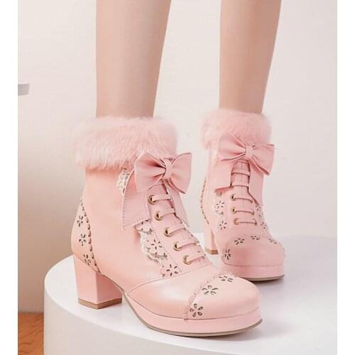 Free Shipping Autumn Winter Mid-Calf Boots Round Toe Chunky Heels PU Zip Flower Lolita Ladylike Big Size 33-46 Pink Party Show