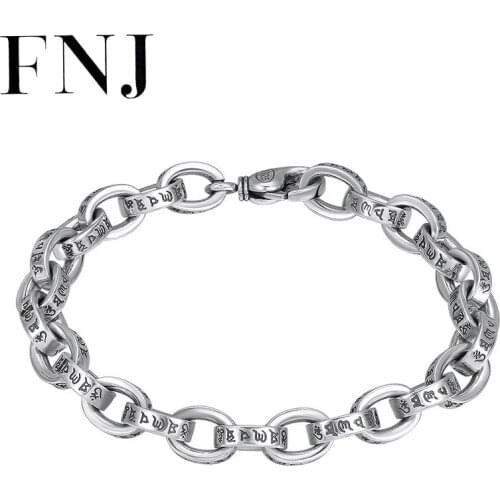 FNJ Punk Buddha Bracelet 925 Silver Vintage Original Pure S925 Silver Bracelets for Men Fine Jewelry width 8.5mm 20cm