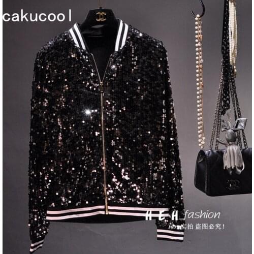 Cakucool Women Sequined Long Sleeve Bomber Jacket Spring All Beading Black Baseball Jackets Coats Bling Casual Outerwear Female